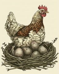 A hen sitting proudly in a nest surrounded by eggs, showcasing a serene farm setting
