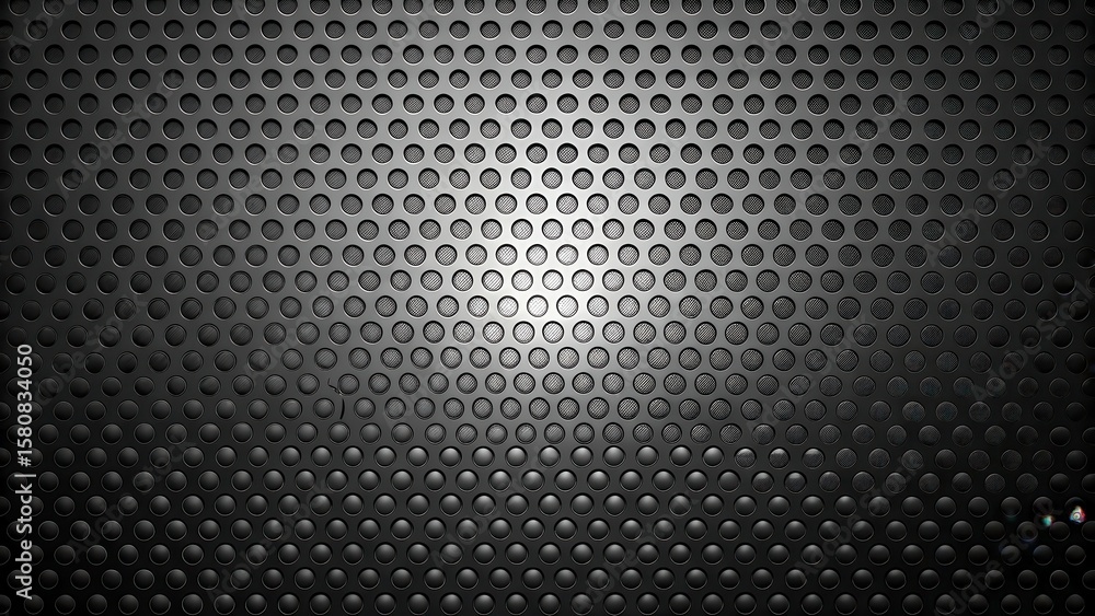 Poster dark metallic surface with a repeating pattern of circular perforations, subtly illuminated from the
