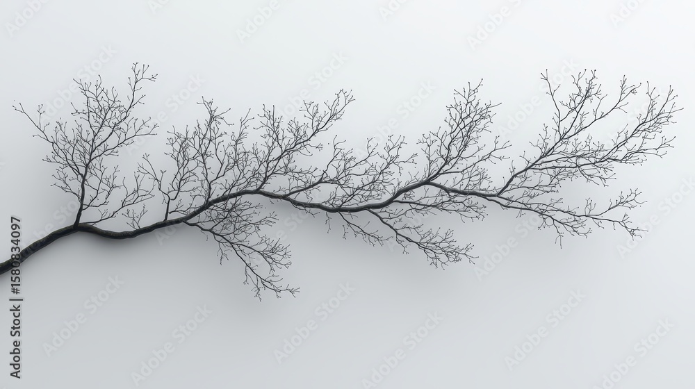 Poster abstract monochrome branch with dark dots on light gray background