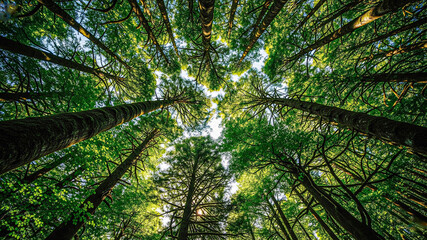Fototapeta premium Lush Green Canopy: Sunlight Dappled Forest, Upward View, Tranquil Nature Scene