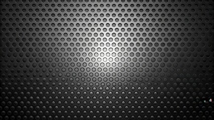 Naklejka premium Dark metallic surface with a repeating pattern of circular perforations, subtly illuminated from the center, creating a textured and industrial aesthetic.