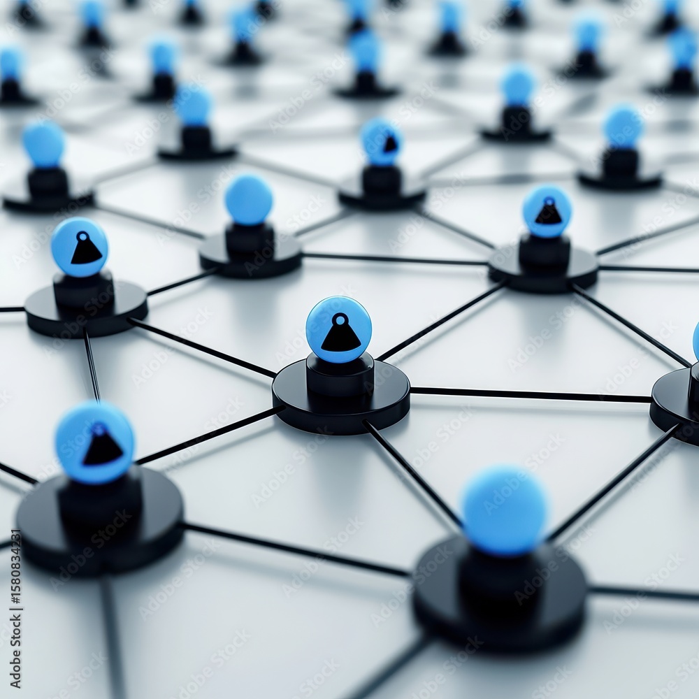 Aufkleber abstract network visualization interconnected blue and black nodes on light gray background