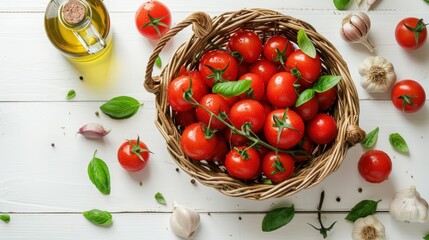 Fresh cherry tomatoes in a basket with basil and garlic on a wooden table, olive oil in the background