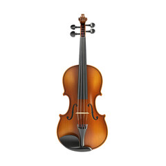 A violin is shown in a white background. The instrument is brown and has a black tip. Concept of elegance and sophistication, as the violin is a classic and timeless instrument