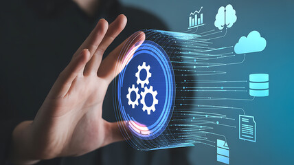 Hand Holding a Futuristic Technology Circle with Gears and Data
