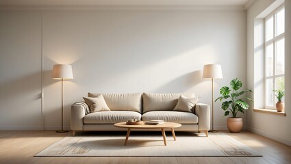 Bright and airy modern living room with a comfortable beige sofa wooden coffee table and floor lamps casting warm light
