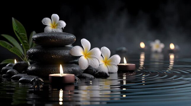 Spa concept with black stones flowers and candles on the water.