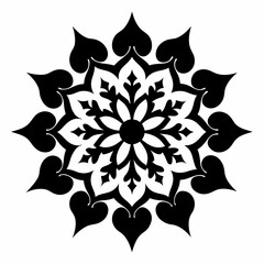 Elegant Black and White Mandala Design Intricate Snowflake Pattern with Heart-Shaped Petals