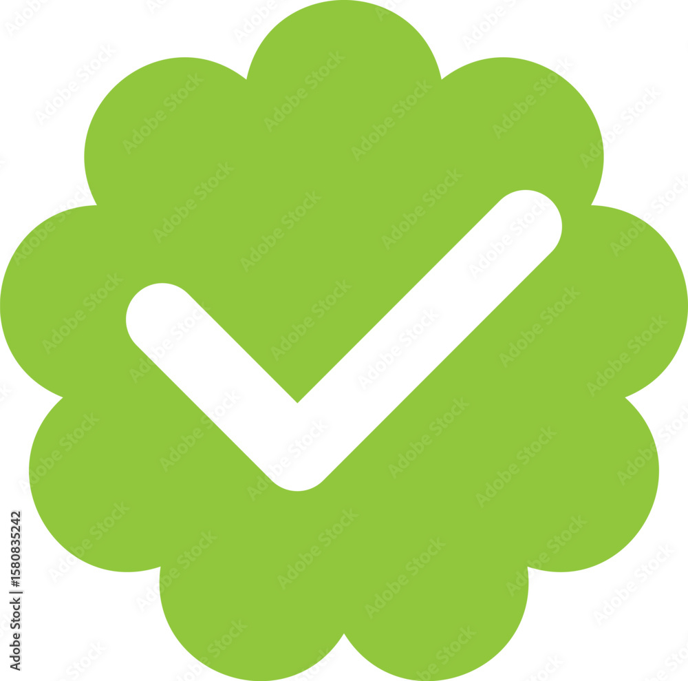 Poster green checkmark inside a scalloped circle symbol isolated on transparent background
