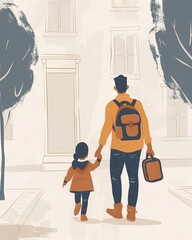 Father and daughter walking hand-in-hand down a quiet street, surrounded by trees and buildings