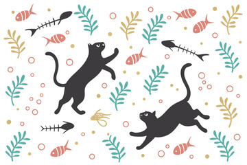 Playful cats and fish bones repeating pattern for playful designs