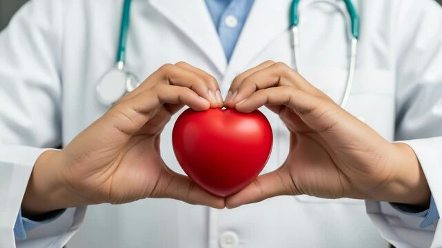 A doctors hands form a heart shape around a red heart symbol for health and care - Powered by Adobe