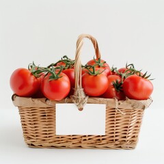 Freshly harvested ripe tomatoes in a rustic basket with a blank label on a white background