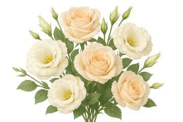 Obraz premium Cream roses and white lisianthus forming elegant wedding bouquet against transparent background, showcasing romantic floral design