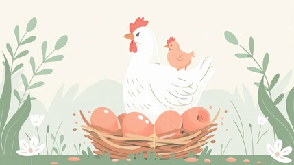 A serene illustration of a hen and chick nestled in a nest of eggs surrounded by greenery