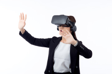 Portrait young asian businesswoman wearing headset virtual reality for device with experience and...