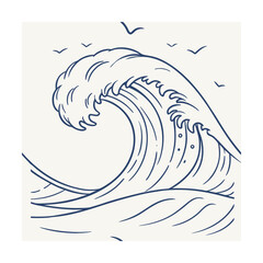 Dark blue wave with birds on a cream Pattern ocean water