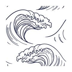 Dark blue stylized waves on a with a simple line art style ocean water