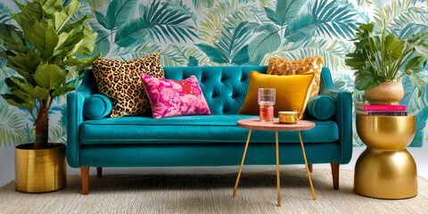 Eclectic modern interior featuring teal velvet sofa, patterned pillows, gold accents and palm leaf wallpaper.