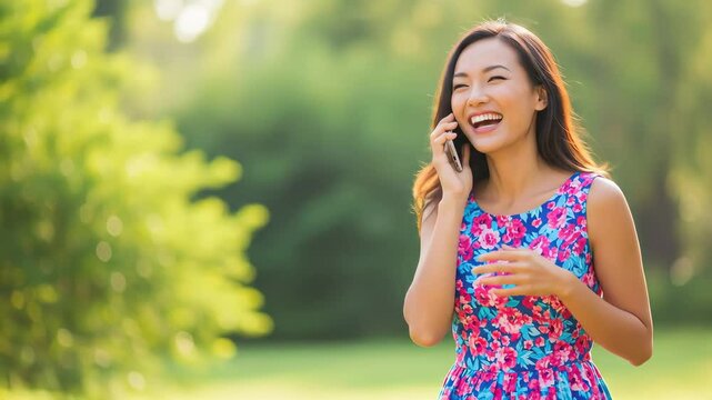 Happy Woman in Floral Dress Enjoying a Phone Call in a Sunny Park