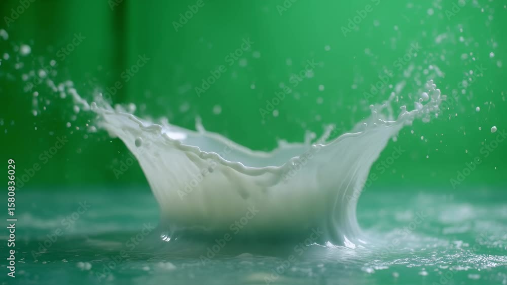 Poster a captivating 4k video displays a vigorous milk splash with the liquid arcing gracefully in various 