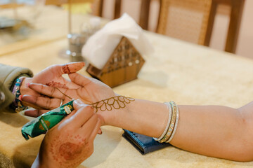 Henna art on a woman's hand, creating intricate patterns. Cultural beauty and tradition in a...