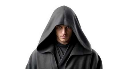 Young man wearing a dark hooded robe looking directly forward isolated on transparent background