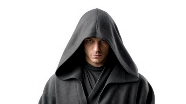 Young man wearing a dark hooded robe looking directly forward isolated on transparent background