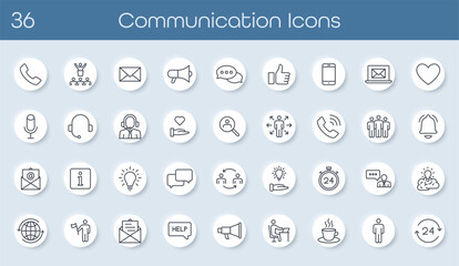 Set of modern business communication icons in round buttons. Includes email, support, messaging, teamwork, notifications and leadership. Perfect for web, mobile, corporate and marketing use. Vector