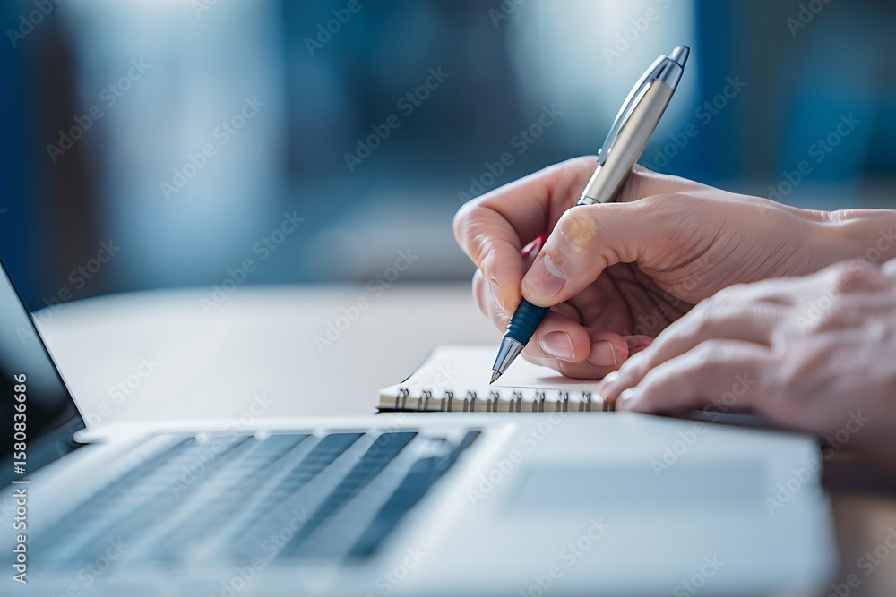 Poster close up of a person s hands holding a pen and writing in a notebook next to a laptop computer symbo
