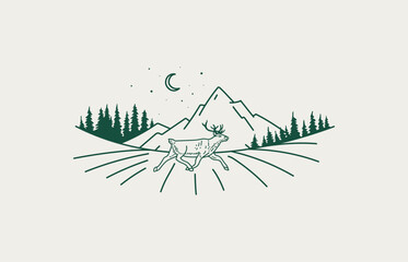 Vector line art, illustration of deer runs through an open field beneath a crescent moon and starlit sky. Towering mountains and pine trees frame the night landscape