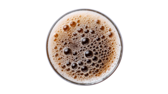 Top view of a glass filled with dark fizzy beverage, showcasing bubbles and foam, isolated on white background.
