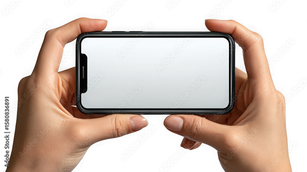 Poster hands holding a modern smartphone horizontally with a blank screen isolated on transparent backgroun