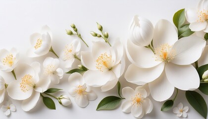 elegant white musk blossoms and delicate flowers gently rising against a soft white background