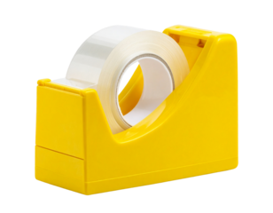 Yellow sticky tape dispenser with tape roll, isolated on a transparent background
