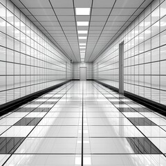Bright White Corridor with Grid Lines and Reflective Surfaces