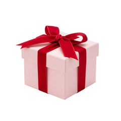 Obraz premium A square, light pink gift box tied with a vibrant red velvet ribbon and bow, isolated on a white background.