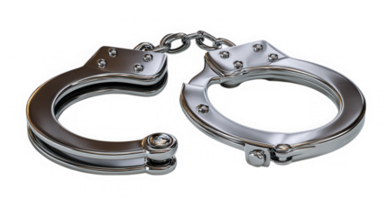 Polished metal handcuffs linked together isolated on transparent background