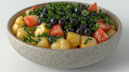 Brightly Lit Fruit Salad in Speckled Beige Bowl
