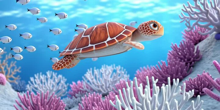 Sea turtle swimming under the ocean water