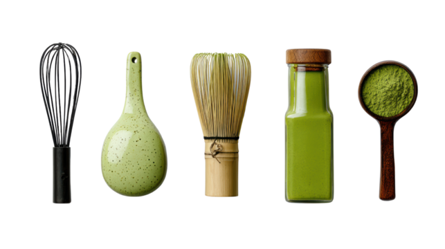 Whisk, matcha bowl, bamboo whisk, matcha jar, and matcha powder on white background.