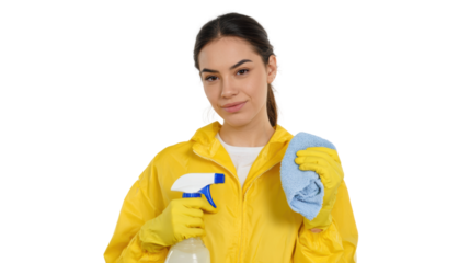 Woman in yellow coat holding spray bottle and cloth, ready for cleaning tasks, isolated minimalistic background.