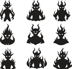 Nine Fire Demon Silhouettes Against White Background