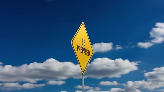 "Be Prepared" warning sign, a crucial message for future planning and safety under a bright blue sky.