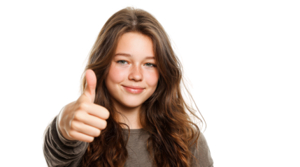 Young woman giving thumbs up with confident smile, isolated on white background.