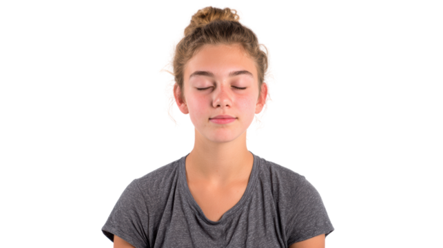 Young woman in a relaxed state, eyes closed, meditating on a white isolate background. - Powered by Adobe