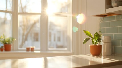 Fototapeta premium Sunlit minimalist kitchen in soft beige and white tones with bright window light and countertop space for product display