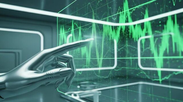 Robotic Hand Interacting With Futuristic Green Data Display