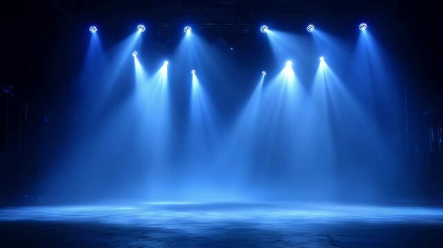 Theatrical Blue Glow Captivating blue stage lights dance across a vacant performance area creating an immersive experience for live events. Ideal for behindthescenes footage or promotional