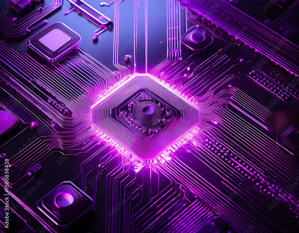 Poster illuminated circuit board with purple lines and glowing nodes on dark surface